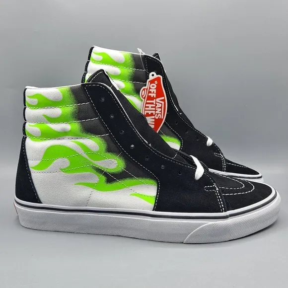 New* Vans Sk8 Hi Top Neon Green Flame Black Suede and True White Men's Size 11
