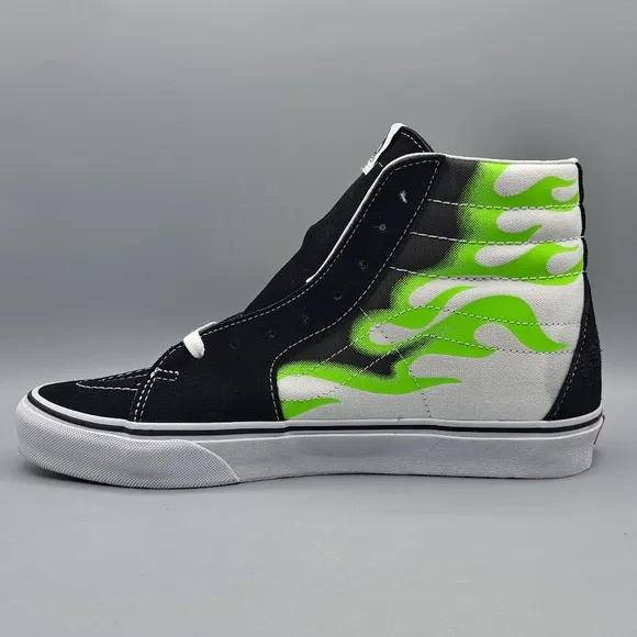 New* Vans Sk8 Hi Top Neon Green Flame Black Suede and True White Men's Size 11