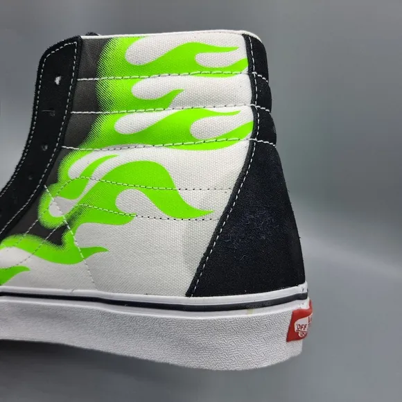New* Vans Sk8 Hi Top Neon Green Flame Black Suede and True White Men's Size 11