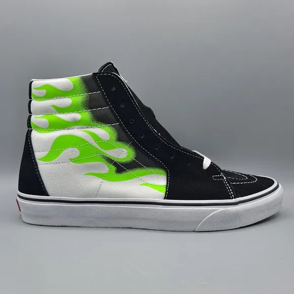 New* Vans Sk8 Hi Top Neon Green Flame Black Suede and True White Men's Size 11