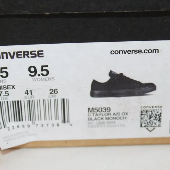 NIB Converse Chuck Taylor Unisex Classic Black Low Top Shoes Womens 9.5 Mens 7.5