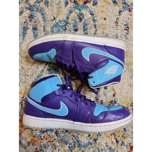 Nike Air Jordan 1 Mens Mid Hornets Purple Blue Shoes Sneaker 554724-507 Size 12
