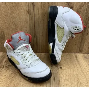 Nike Air Jordan 5 Retro Mid Fire Red Silver Tongue Sneakers 5Y White 440888-102