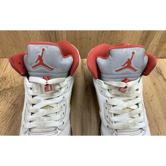 Nike Air Jordan 5 Retro Mid Fire Red Silver Tongue Sneakers 5Y White 440888-102