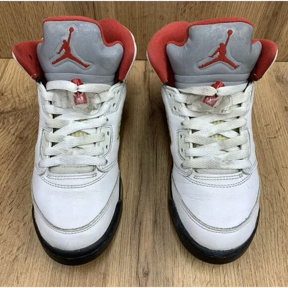Nike Air Jordan 5 Retro Mid Fire Red Silver Tongue Sneakers 5Y White 440888-102