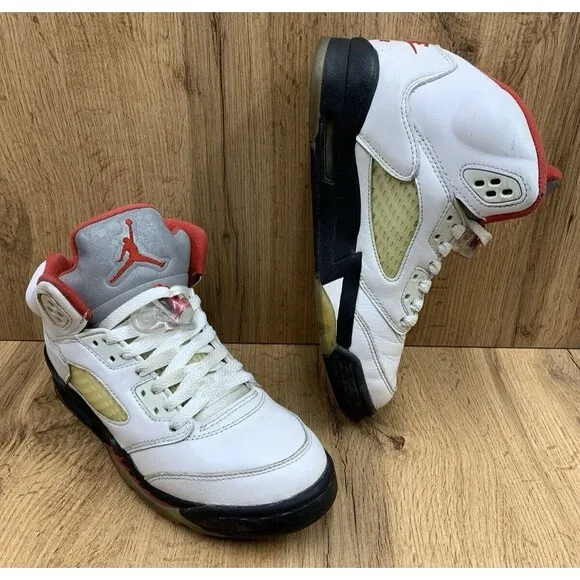 Nike Air Jordan 5 Retro Mid Fire Red Silver Tongue Sneakers 5Y White 440888-102