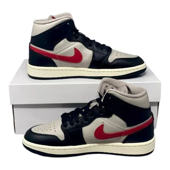 Nike Women's Air Jordan 1 Mid Shoes Black Grey Red Sail BQ6472-060 NEW