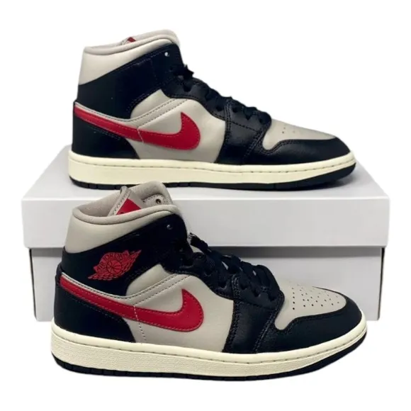 Nike Women's Air Jordan 1 Mid Shoes Black Grey Red Sail BQ6472-060 NEW
