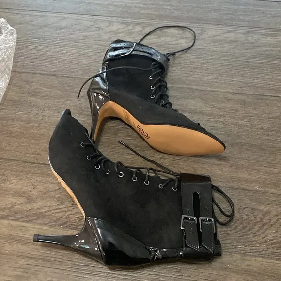 NWT BURJU Under The Influence Open Toe Lace Up Buckle Ankle Boots | Black 13