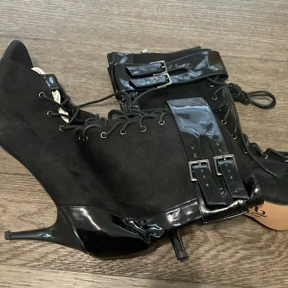 NWT BURJU Under The Influence Open Toe Lace Up Buckle Ankle Boots | Black 13