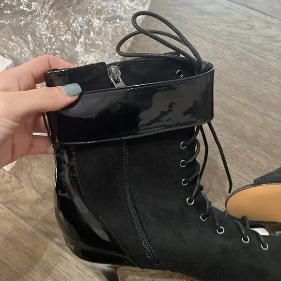 NWT BURJU Under The Influence Open Toe Lace Up Buckle Ankle Boots | Black 13