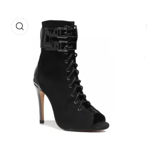 NWT BURJU Under The Influence Open Toe Lace Up Buckle Ankle Boots | Black 13