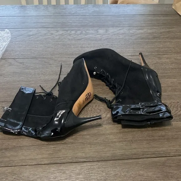 NWT BURJU Under The Influence Open Toe Lace Up Buckle Ankle Boots | Black 13