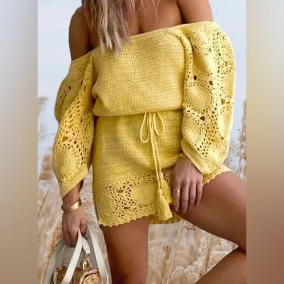 NWT LET THE SUNSHINE IN CROCHET MINI DRESS Lemon small