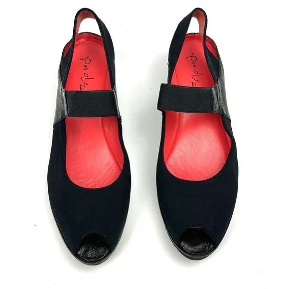 PAS DE ROUGE Italy Silvia Black Sandals Sling Back Wedge Leather Suede Peep Toe