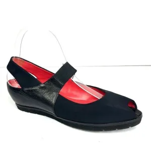 PAS DE ROUGE Italy Silvia Black Sandals Sling Back Wedge Leather Suede Peep Toe