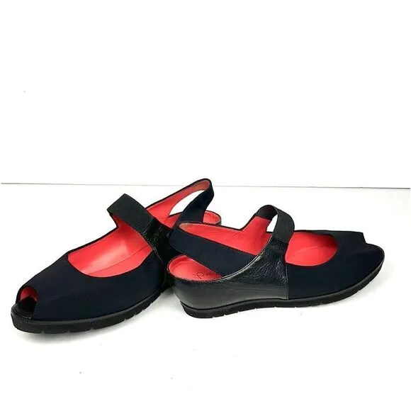 PAS DE ROUGE Italy Silvia Black Sandals Sling Back Wedge Leather Suede Peep Toe