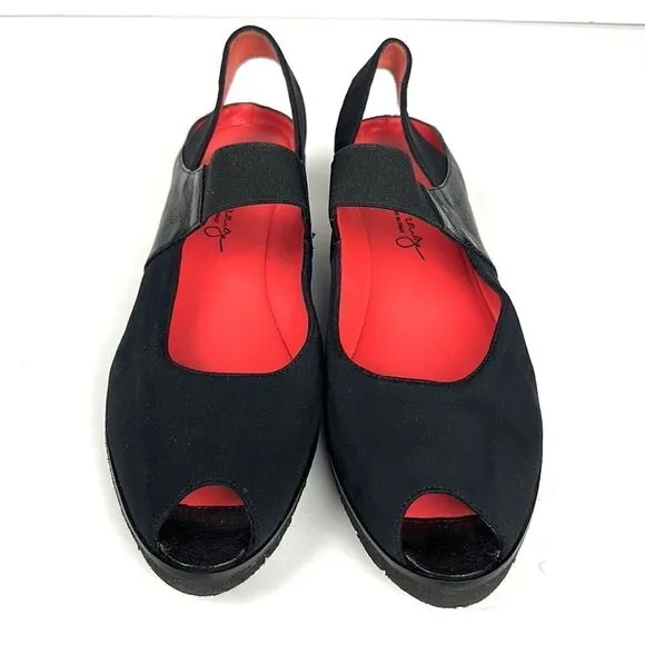 PAS DE ROUGE Italy Silvia Black Sandals Sling Back Wedge Leather Suede Peep Toe