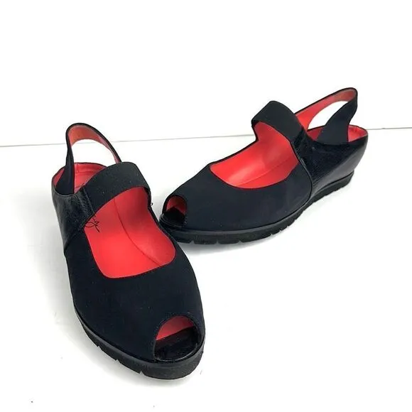 PAS DE ROUGE Italy Silvia Black Sandals Sling Back Wedge Leather Suede Peep Toe