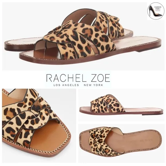 Rachel Zoe Farrow Cross Front Leopard Slides Sandals animal print mules flat 6.5