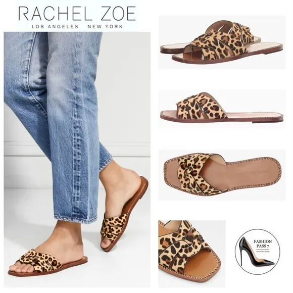 Rachel Zoe Farrow Cross Front Leopard Slides Sandals animal print mules flat 6.5