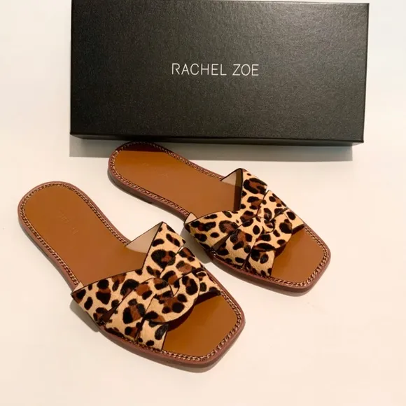 Rachel Zoe Farrow Cross Front Leopard Slides Sandals animal print mules flat 6.5