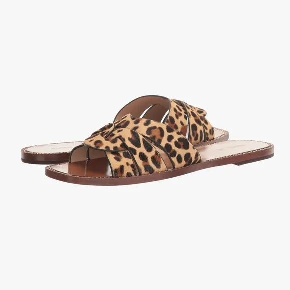 Rachel Zoe Farrow Cross Front Leopard Slides Sandals animal print mules flat 6.5