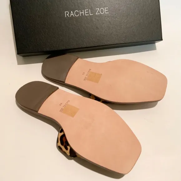 Rachel Zoe Farrow Cross Front Leopard Slides Sandals animal print mules flat 6.5