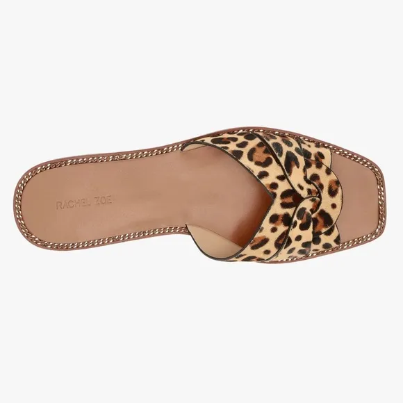 Rachel Zoe Farrow Cross Front Leopard Slides Sandals animal print mules flat 6.5