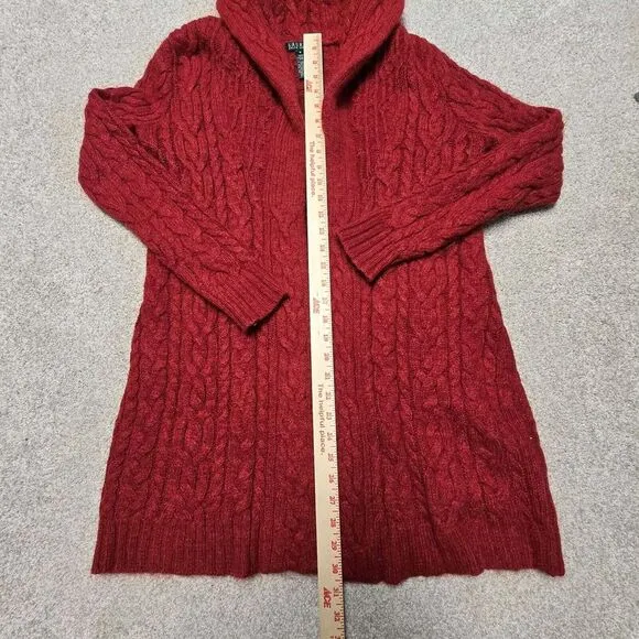 Ralph Lauren Red Cable Knit Shawl Collar Long Cardigan Wool Mohair‎ Angora Med