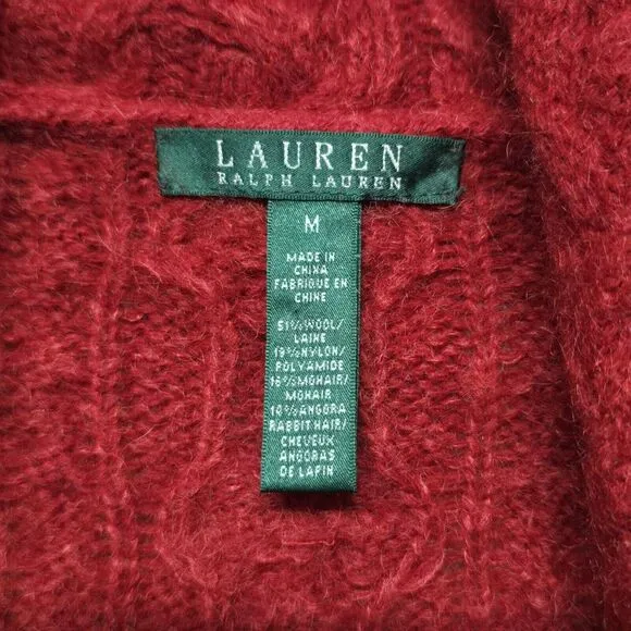 Ralph Lauren Red Cable Knit Shawl Collar Long Cardigan Wool Mohair‎ Angora Med