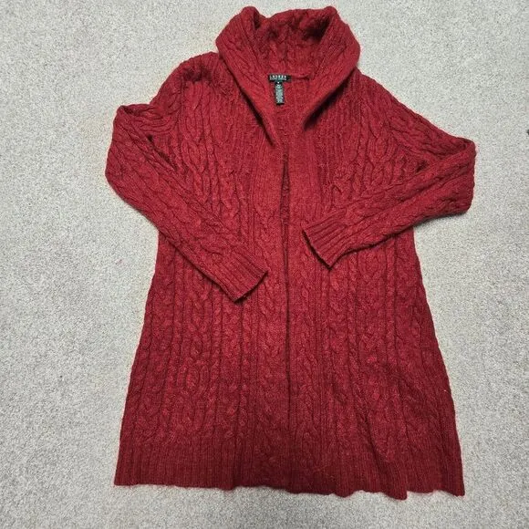 Ralph Lauren Red Cable Knit Shawl Collar Long Cardigan Wool Mohair‎ Angora Med