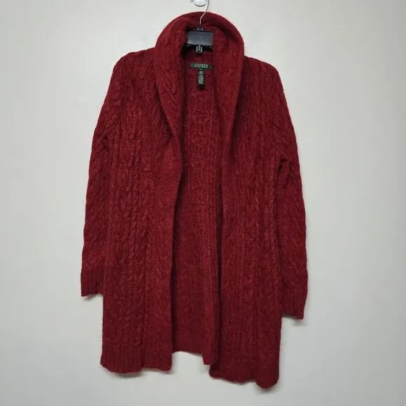 Ralph Lauren Red Cable Knit Shawl Collar Long Cardigan Wool Mohair‎ Angora Med