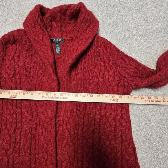 Ralph Lauren Red Cable Knit Shawl Collar Long Cardigan Wool Mohair‎ Angora Med