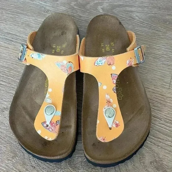 Rare 🦋Papillio Birkenstock Gizeh orange butterfly print Sandals Euro 37 (6-6.5)