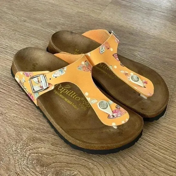 Rare 🦋Papillio Birkenstock Gizeh orange butterfly print Sandals Euro 37 (6-6.5)