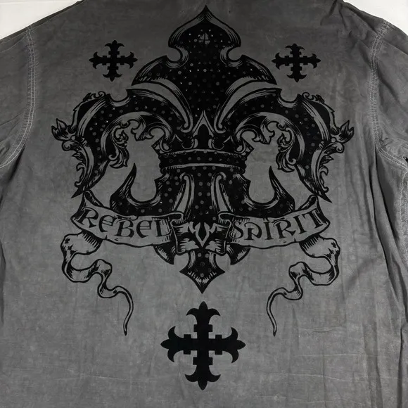 Rebel Spirit Shirt Men 2XL Black Embroidered Long Sleeve Button Fleur De Lis