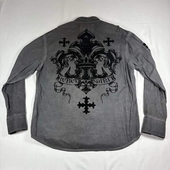 Rebel Spirit Shirt Men 2XL Black Embroidered Long Sleeve Button Fleur De Lis