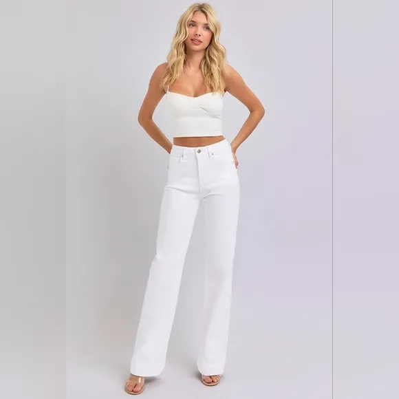 RISEN High-Rise Classic Straight Leg Relaxed Boyfriend Jeans Relaxed White Denim