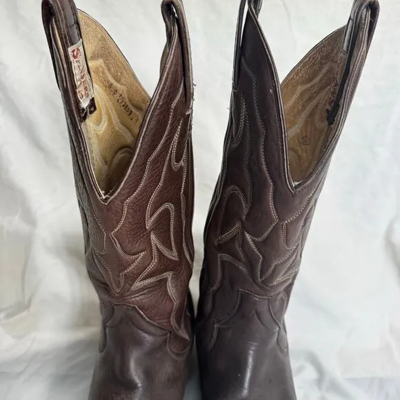Sanders Handcrafted Leather Cowboy Boots Men 8D 13 Inch Shaft 2 Inch Heel Brown