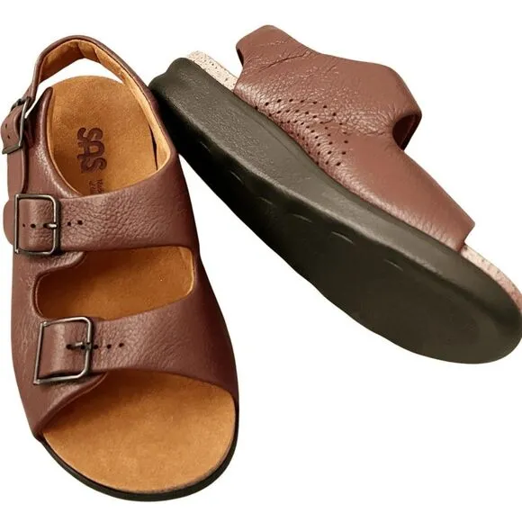 SAS Women's Size 8W (Wide) Relaxed Amber Brown Walking Sandals Leather 3 Buckle