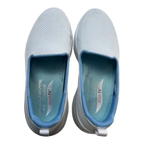 Skechers Womens Go Walk Arch Fit Slip-On Walking Shoes White Light Blue Size 5.5