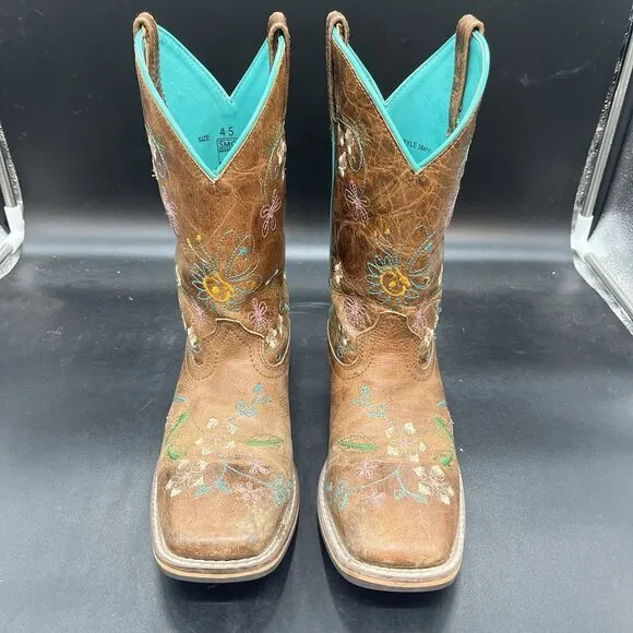 Smoky Mountain Youth Girls Size 4.5 Floral Brown Square Toe Cowgirl Boots 3841Y