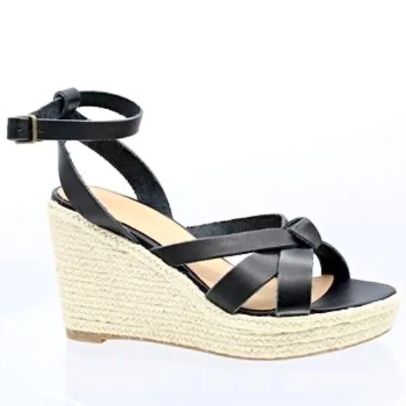 Soludos Charlotte Knotted Black Leather Wedge Espadrille Platform Sandal 9