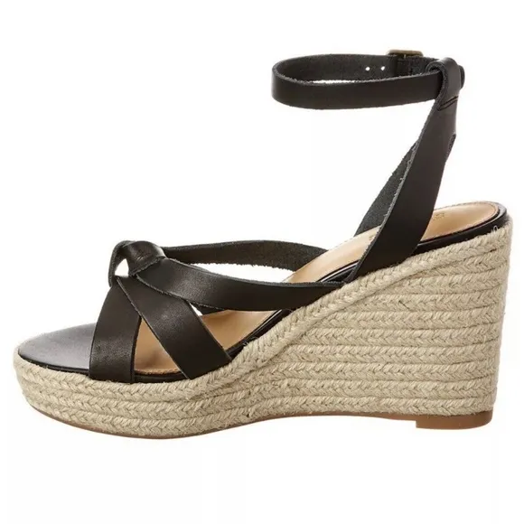 Soludos Charlotte Knotted Black Leather Wedge Espadrille Platform Sandal 9