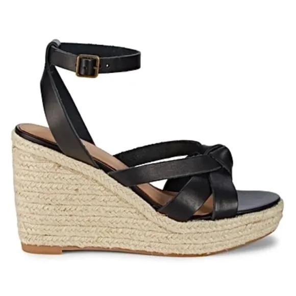 Soludos Charlotte Knotted Black Leather Wedge Espadrille Platform Sandal 9