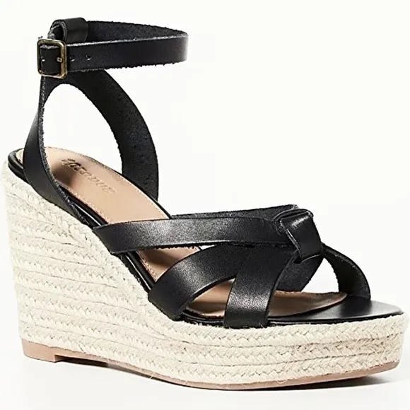 Soludos Charlotte Knotted Black Leather Wedge Espadrille Platform Sandal 9