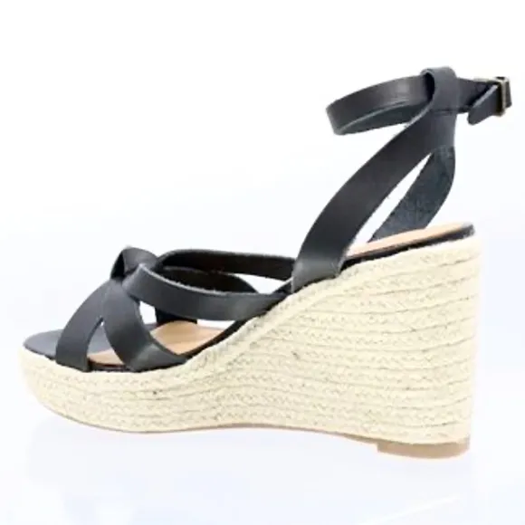 Soludos Charlotte Knotted Black Leather Wedge Espadrille Platform Sandal 9
