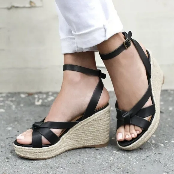 Soludos Charlotte Knotted Black Leather Wedge Espadrille Platform Sandal 9