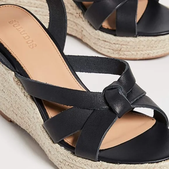 Soludos Charlotte Knotted Black Leather Wedge Espadrille Platform Sandal 9